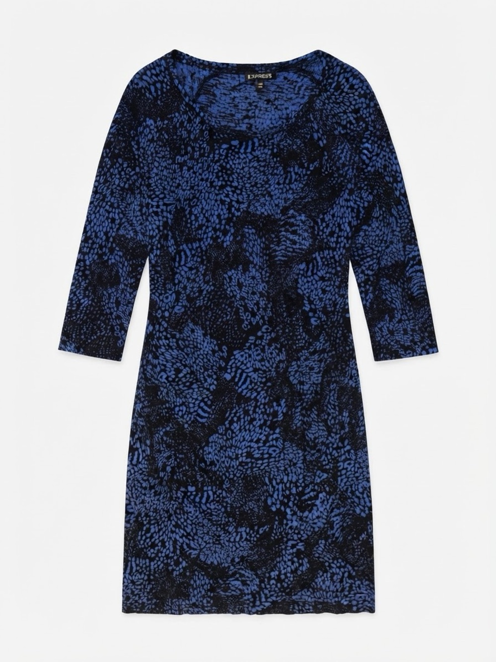 Express Blue Black Animal Print Scoop Neck 3/4 Sleeve Shift Dress (Size M)